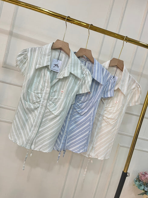 Puff Short Sleeves Collar Down Fitted Tops